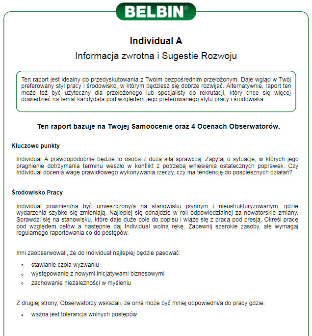 Raport Belbina Informacja Zwrotna i sugestie rozwoju Raport Belbina Informacja Zwrotna i sugestie rozwoju